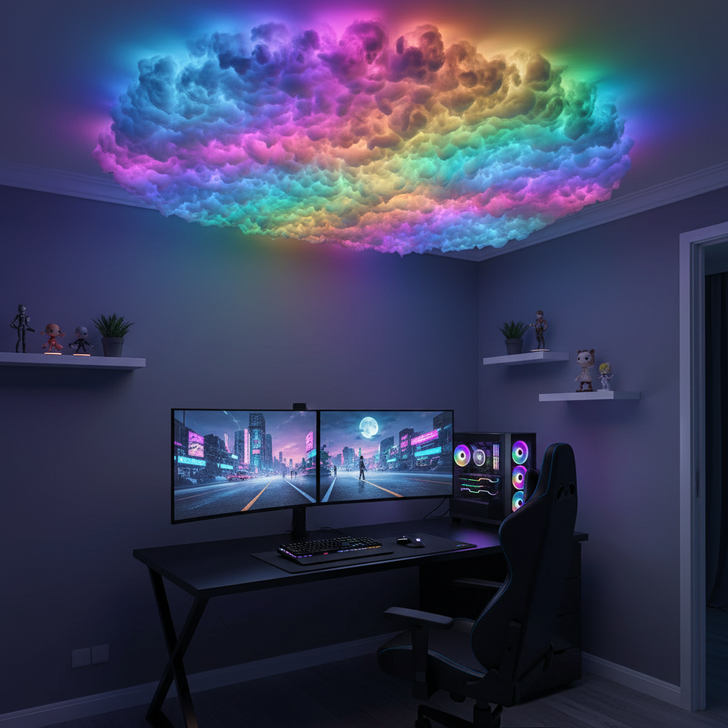 🌩️ CloudSky™ Kendin Yap Bulut Aydınlatma – 5 Metre RGB LED Şerit, Kumandalı Renkli Işık, Oyun & Yatak Odası Dekoru